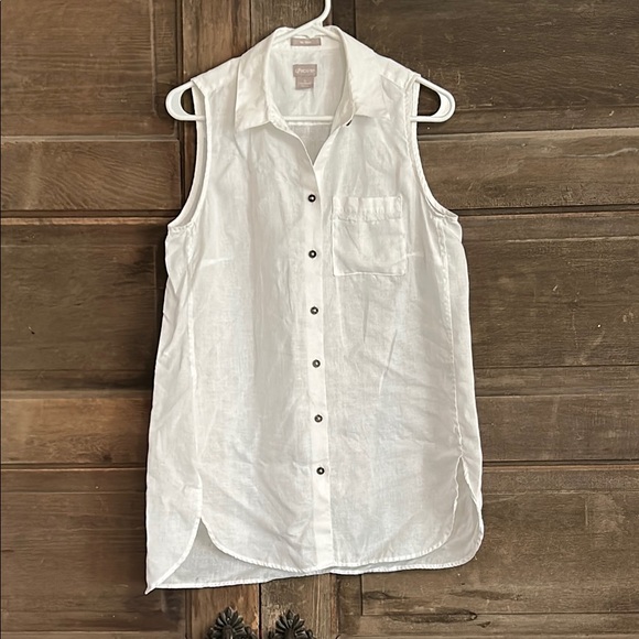 Chicos Womens No Iron Sleeveless White Tunic Top Size 0  Small Collared Linen‎ - Picture 1 of 9